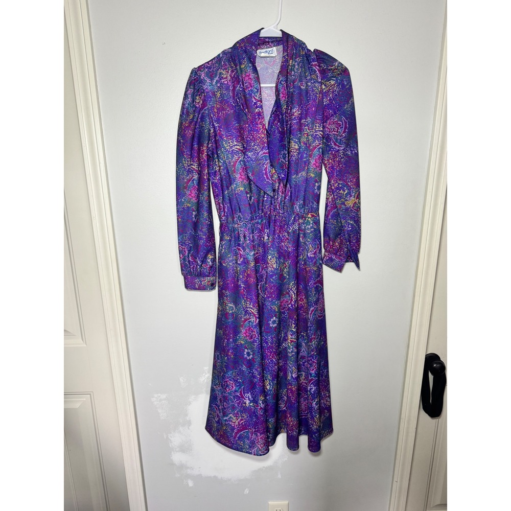 1980s Bedford Fair Vintage Purple Paisley Midi Dress Elastic Waist Size 10